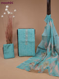 Tissue linen dress material teal blue with allover prints & mirror beaded work neck pattern and bottom & printed dupatta