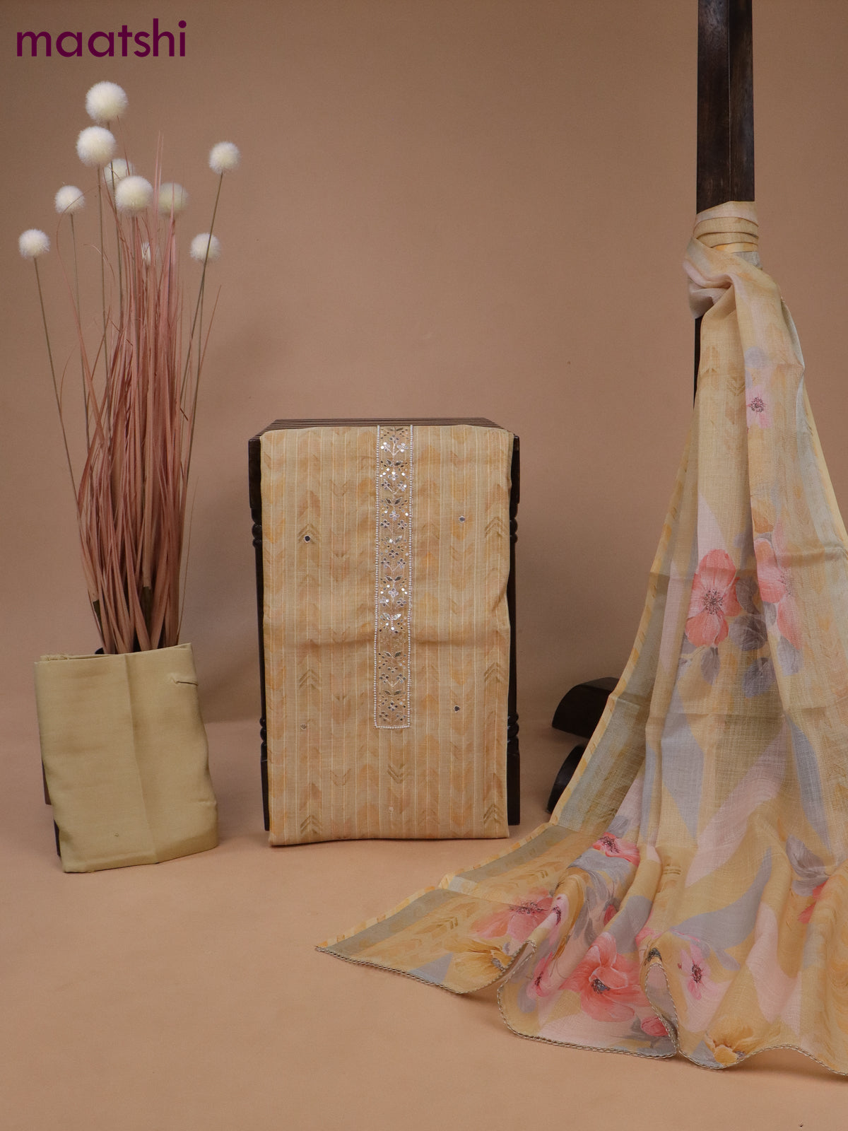 Tissue linen dress material sandal with allover prints & mirror beaded work neck pattern and bottom & printed dupatta