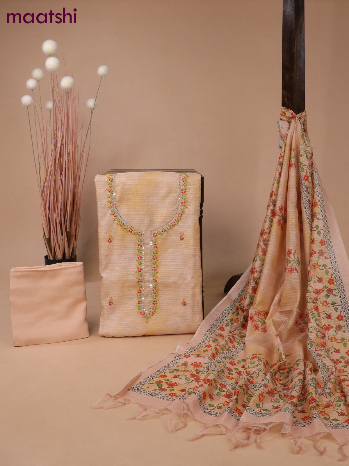 Linen cotton dress material sandal with embroidery buttas & embroidery sequin work neck pattern and bottom & printed dupatta