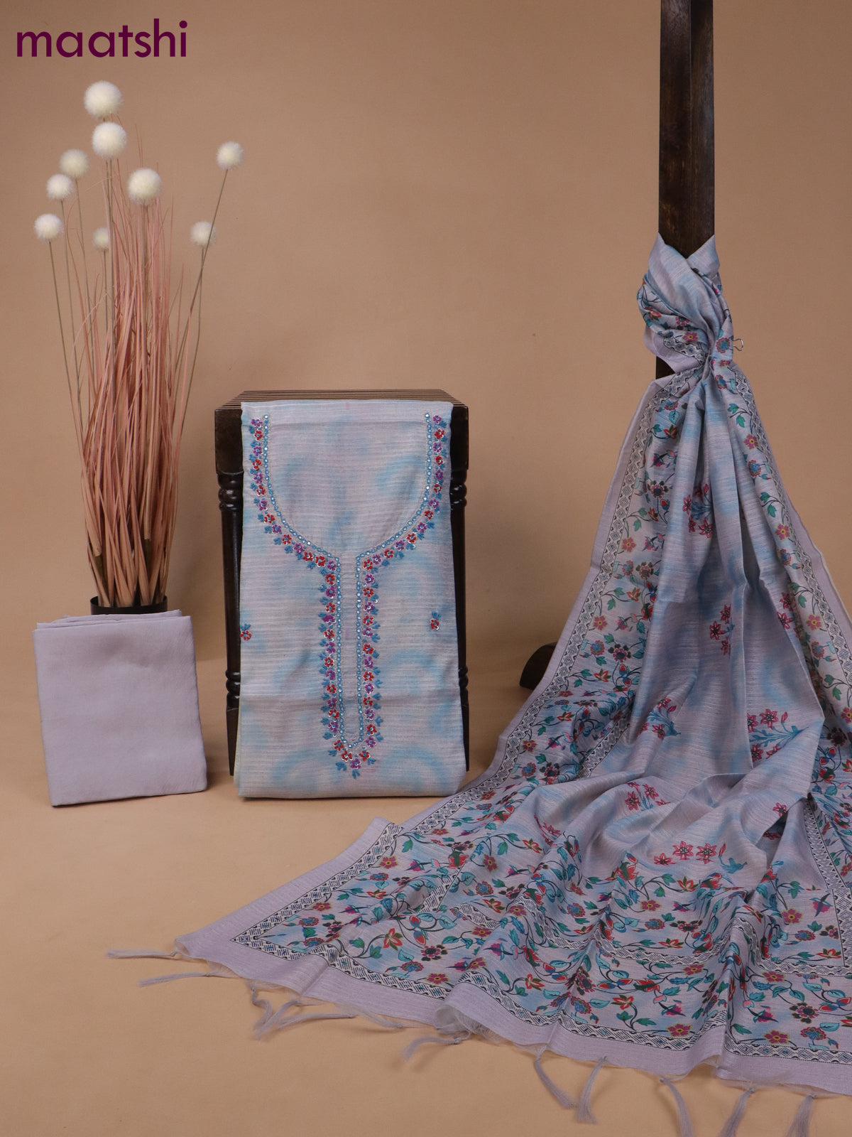 Linen cotton dress material grey and blue shade with embroidery buttas & embroidery sequin work neck pattern and bottom & printed dupatta