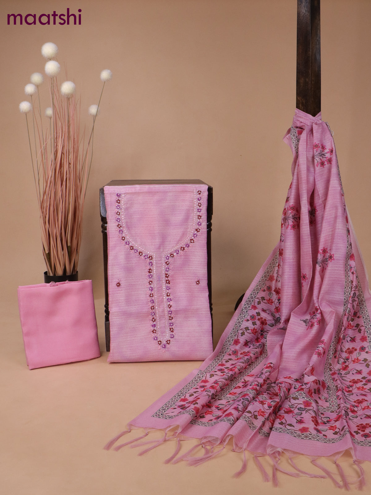 Linen cotton dress material pink with embroidery buttas & embroidery sequin work neck pattern and bottom & printed dupatta
