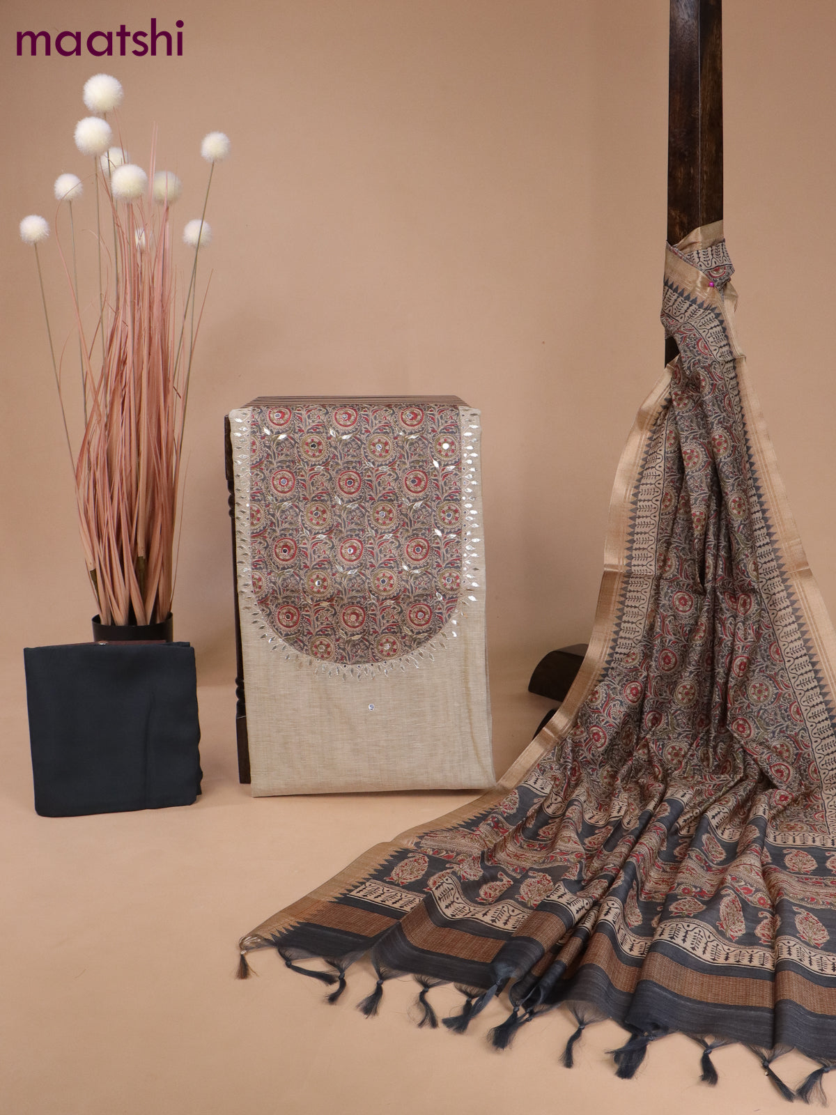 Linen silk dress material beige and dark grey with kalamkari patch work neck pattern & mirror work and bottom & printed dupatta