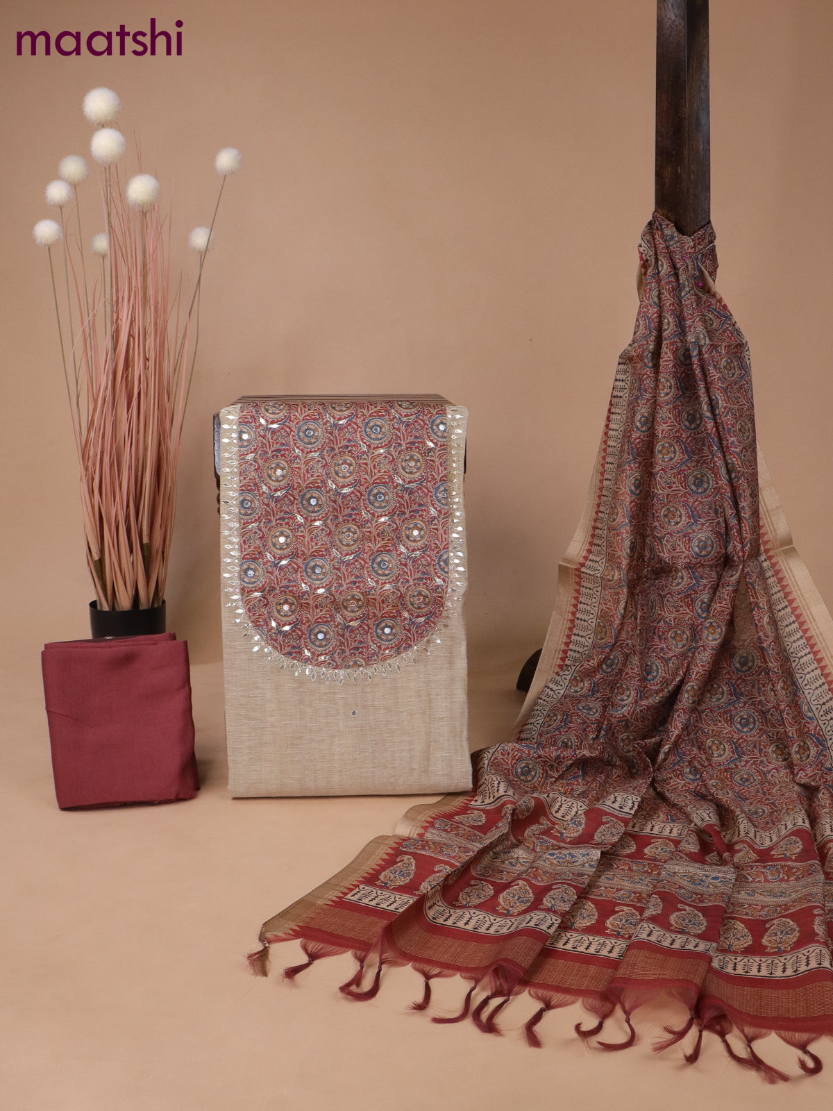 Linen silk dress material beige and maroon with kalamkari patch work neck pattern & mirror work and bottom & printed dupatta