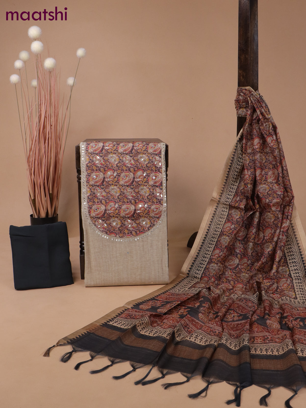 Linen silk dress material beige and dark grey with kalamkari patch work neck pattern & mirror work and bottom & printed dupatta