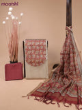 Linen silk dress material beige and maroon with kalamkari patch work neck pattern & mirror work and bottom & printed dupatta