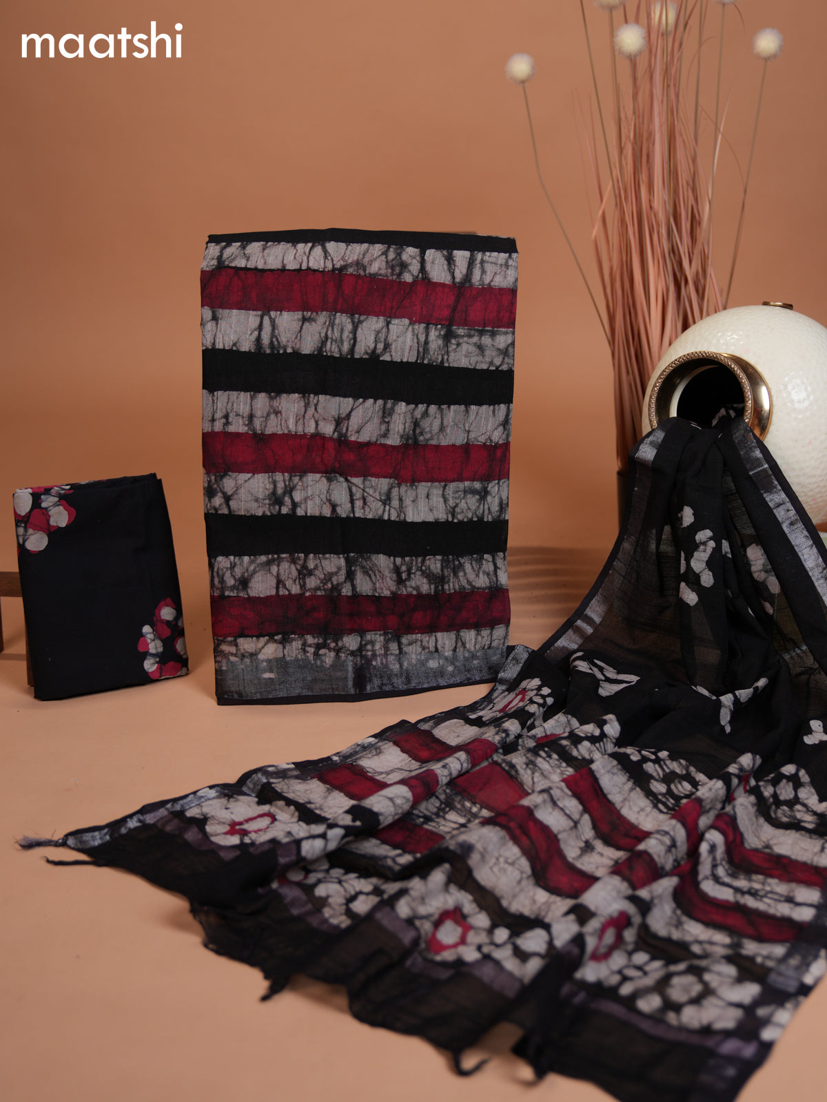 Linen cotton dress material maroon beige and deep coffee brown with allover batik prints and bottom & dupatta