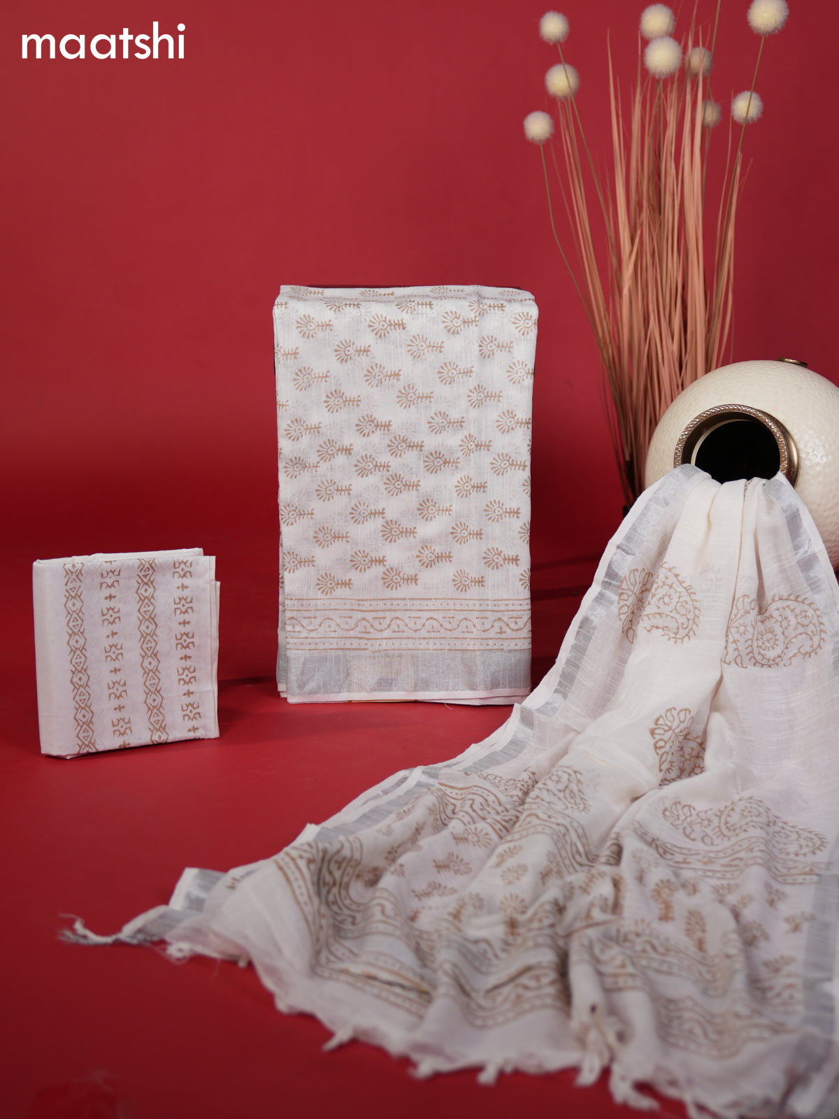 Linen cotton dress material off white with allover butta prints and bottom & dupatta