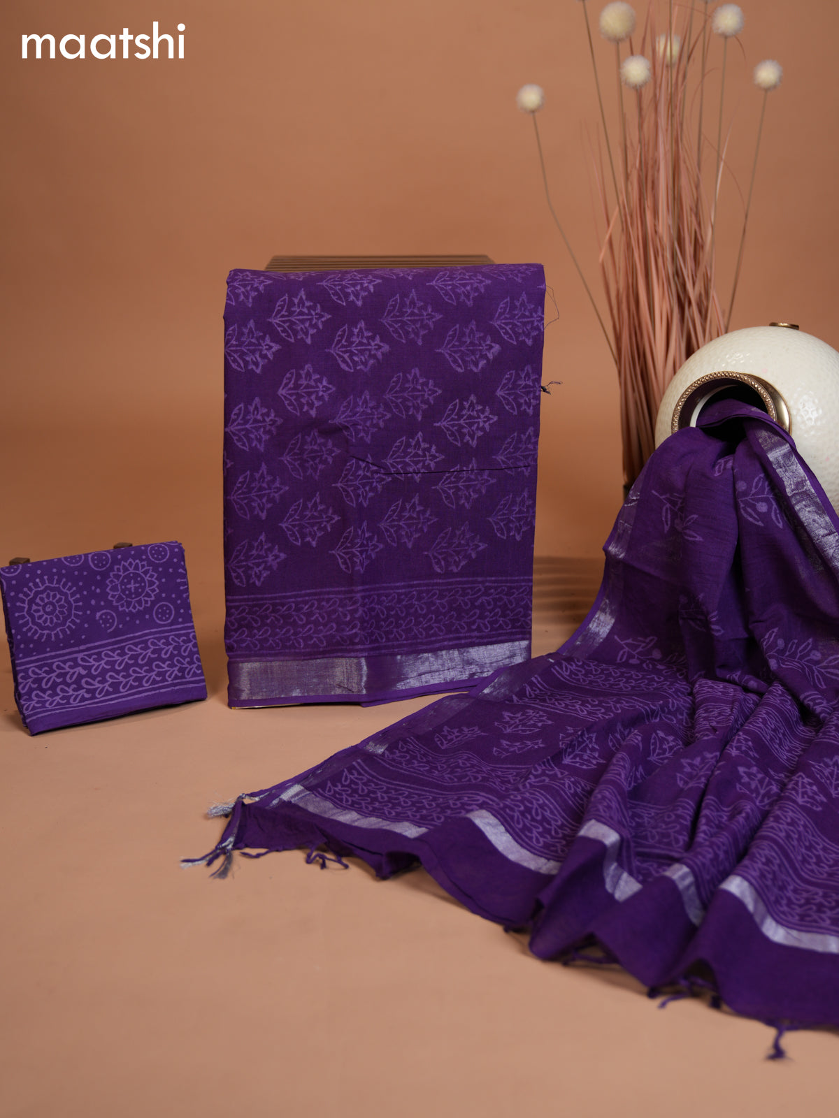 Linen cotton dress material purple with allover butta prints and bottom & dupatta