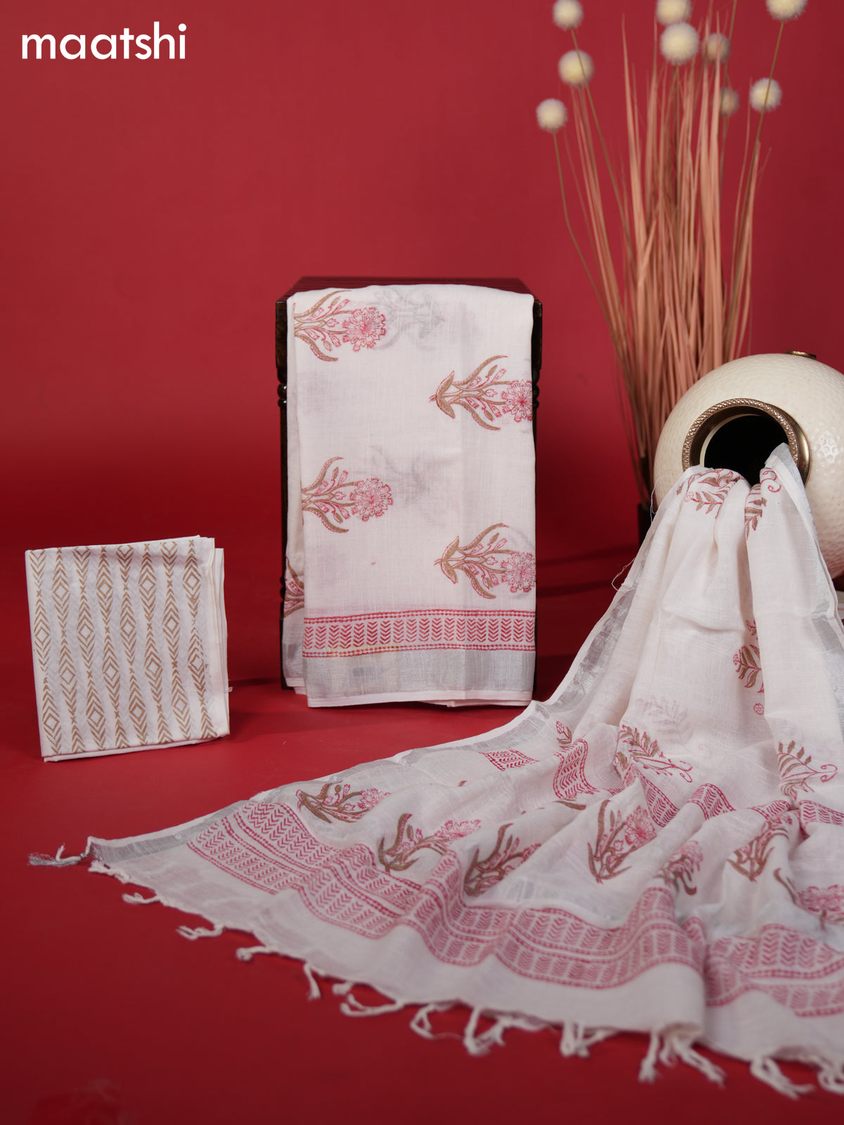 Linen cotton dress material off white with floral butta prints and bottom & dupatta