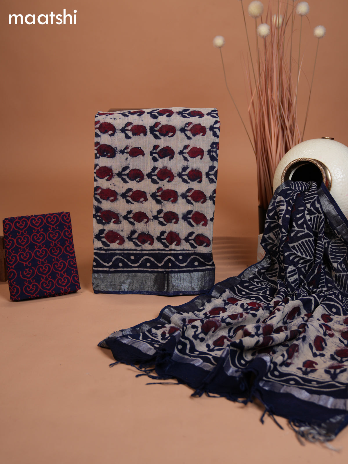 Linen cotton dress material sandal and dark blue with allover paisley butta prints and bottom & dupatta
