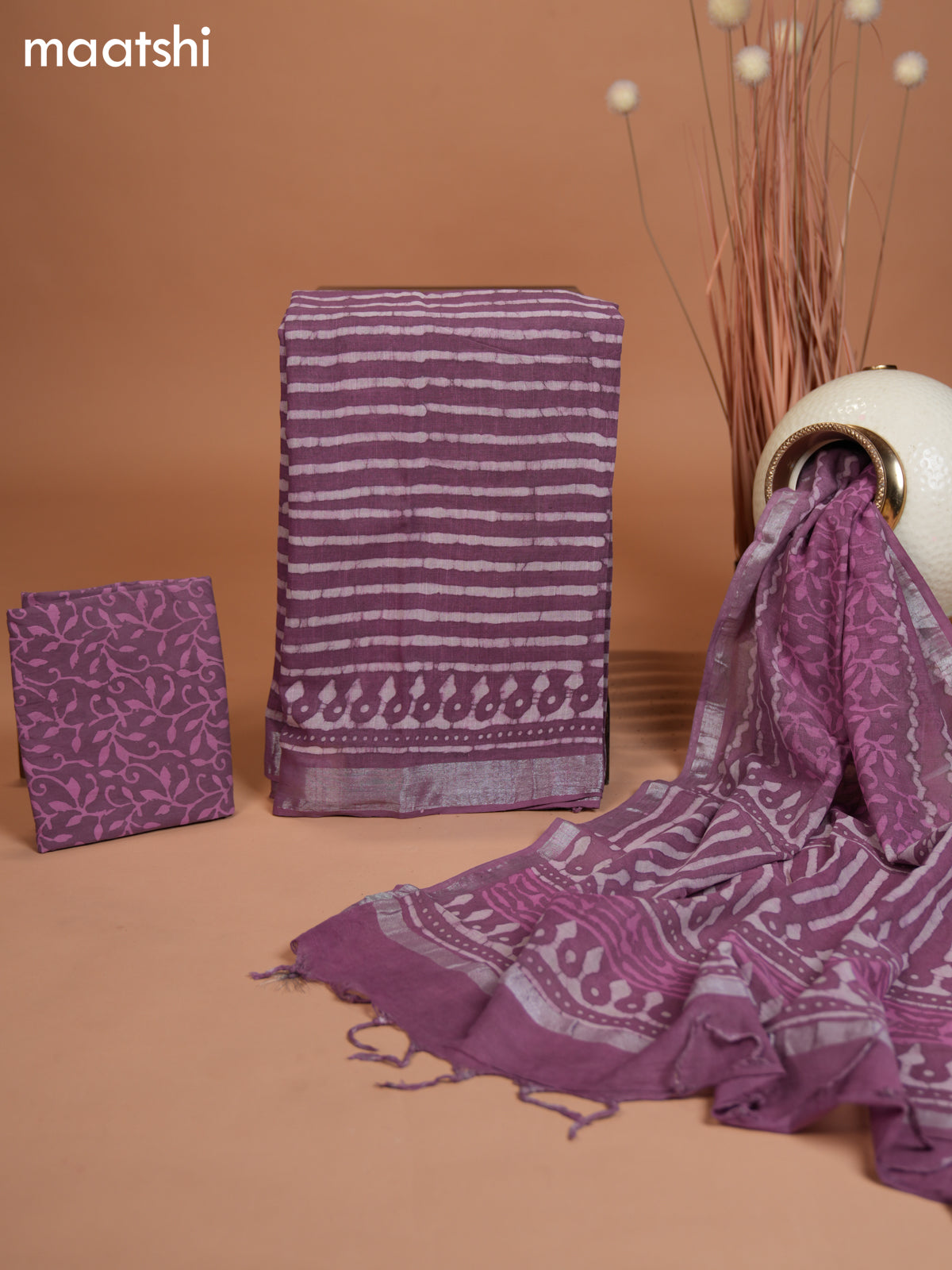 Linen cotton dress material mauve pink and off white with allover batik prints and bottom & dupatta