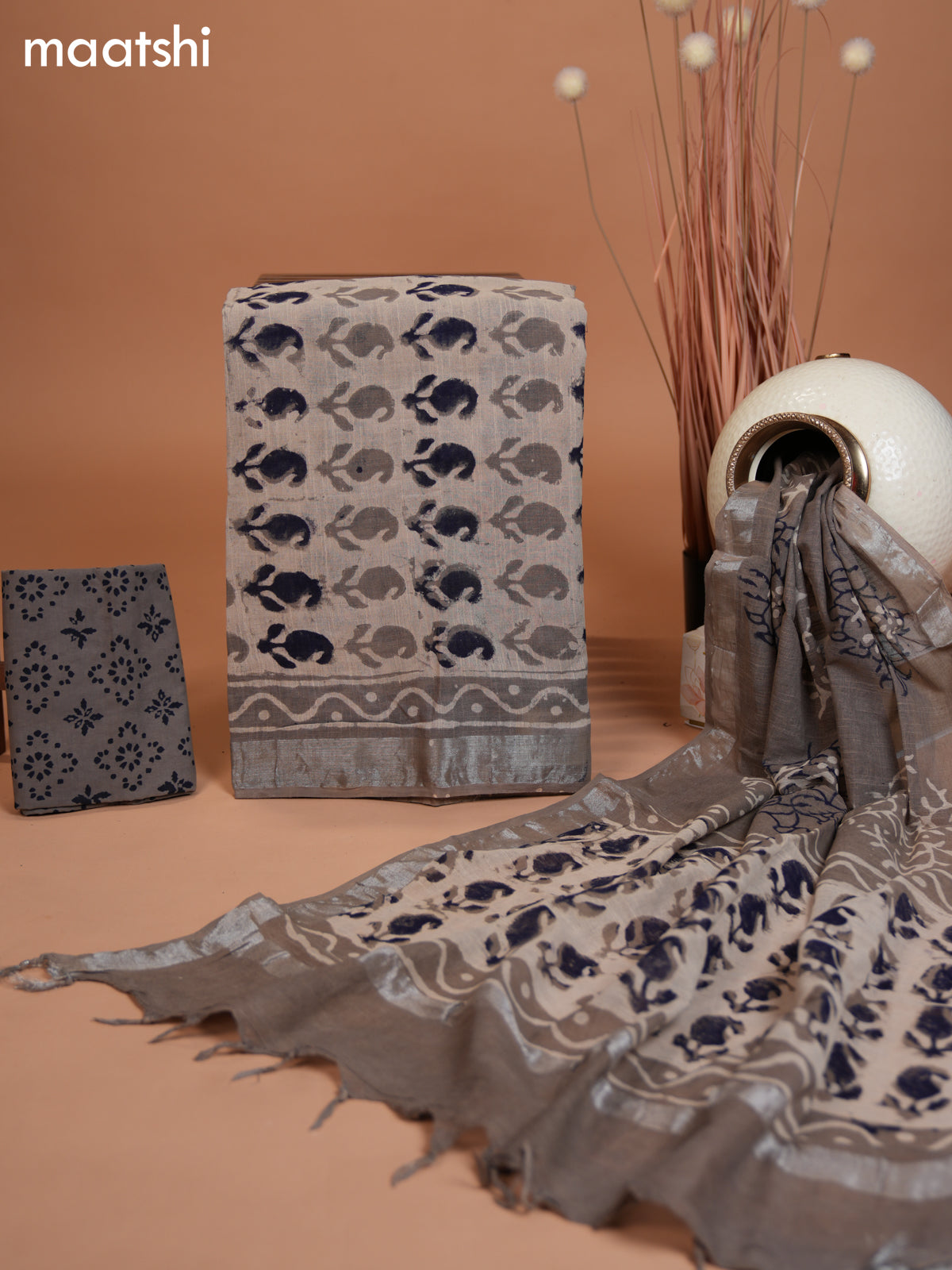 Linen cotton dress material beige and grey with allover paisley butta prints and bottom & dupatta