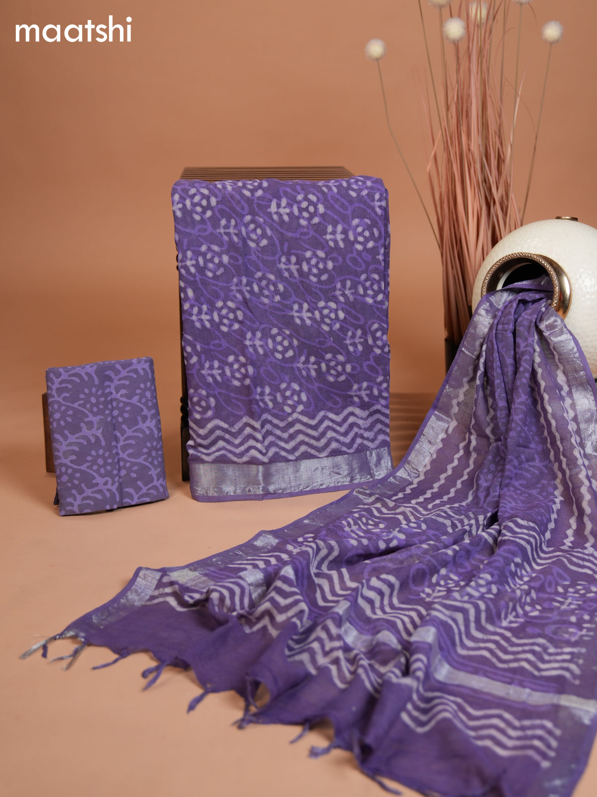 Linen cotton dress material violet shade with allover dabu prints and bottom & dupatta