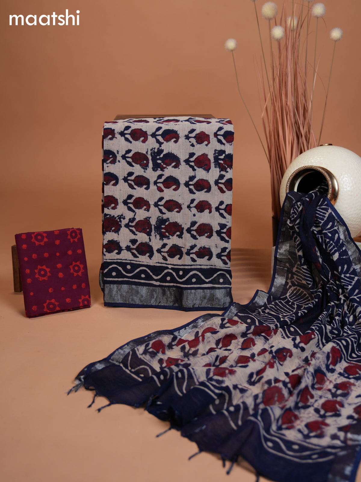 Linen cotton dress material beige navy blue and maroon with allover paisley butta prints and bottom & dupatta