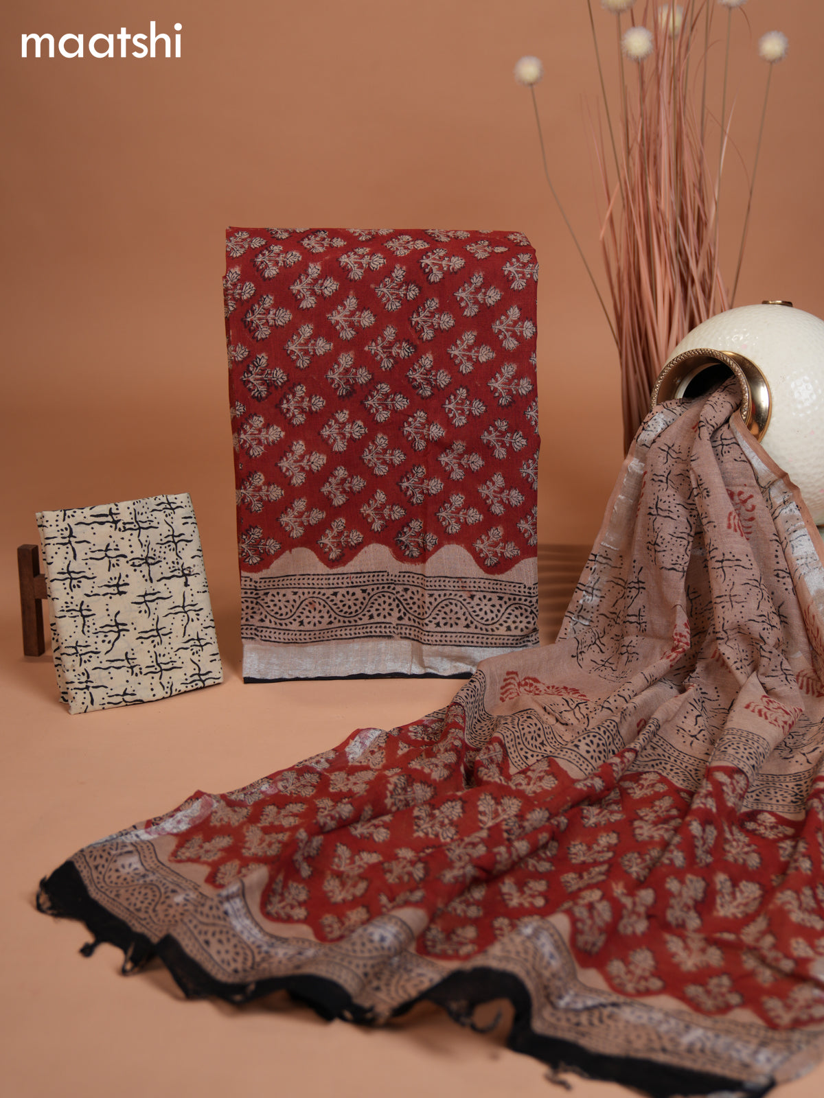 Linen cotton dress material maroon and pastel brown beige with allover butta prints and bottom & dupatta