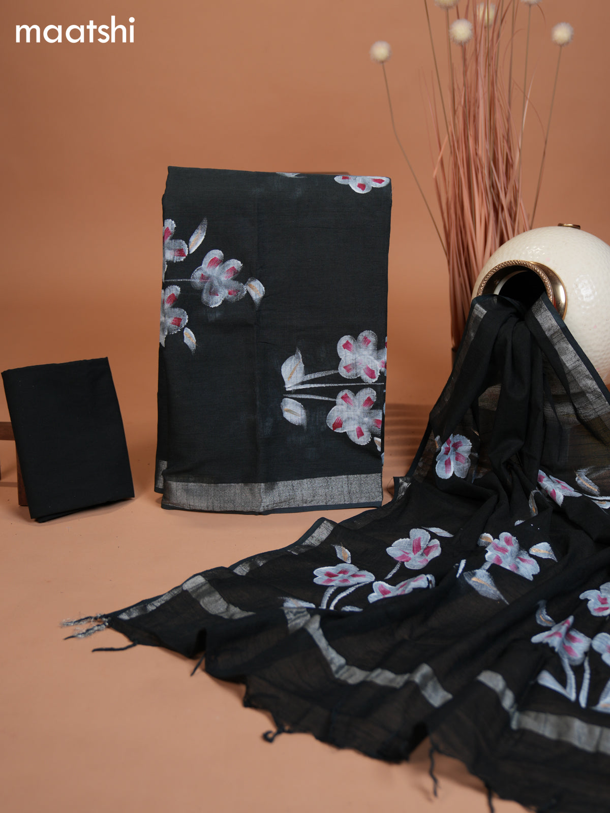 Linen cotton dress material elephant grey with floral hand painted prints and bottom & dupatta