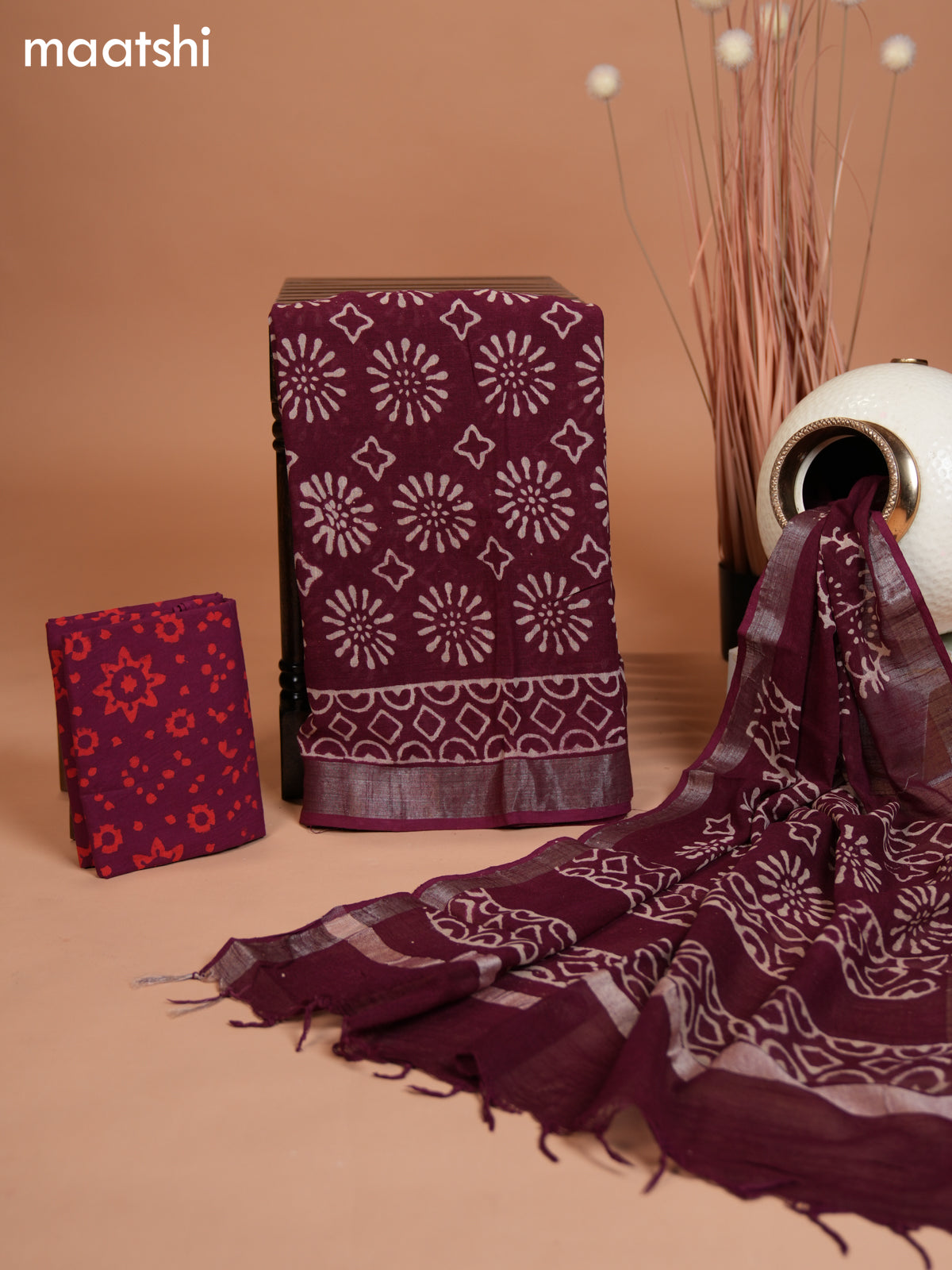 Linen cotton dress material maroon shade with allover butta prints and bottom & dupatta