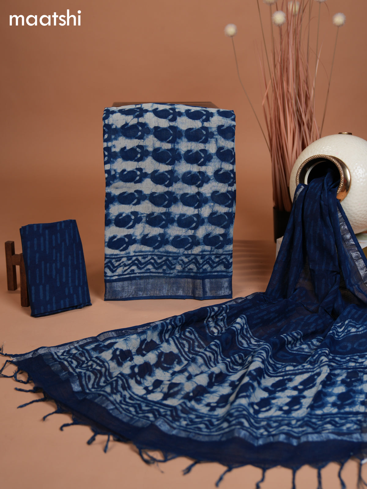 Linen cotton dress material off white and indigo blue with allover paisley batik butta prints and bottom & dupatta