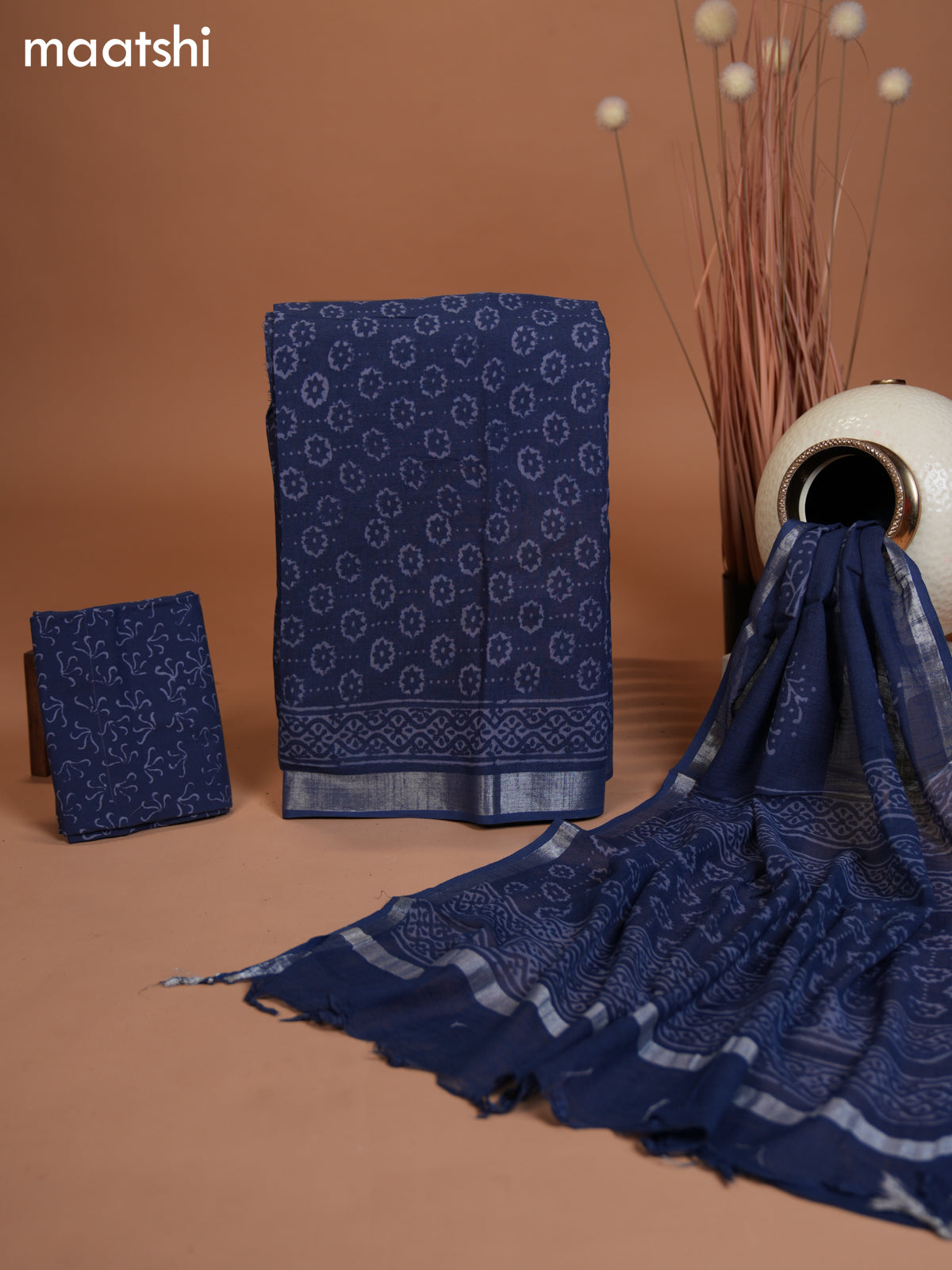 Linen cotton dress material blue with allover prints and bottom & dupatta