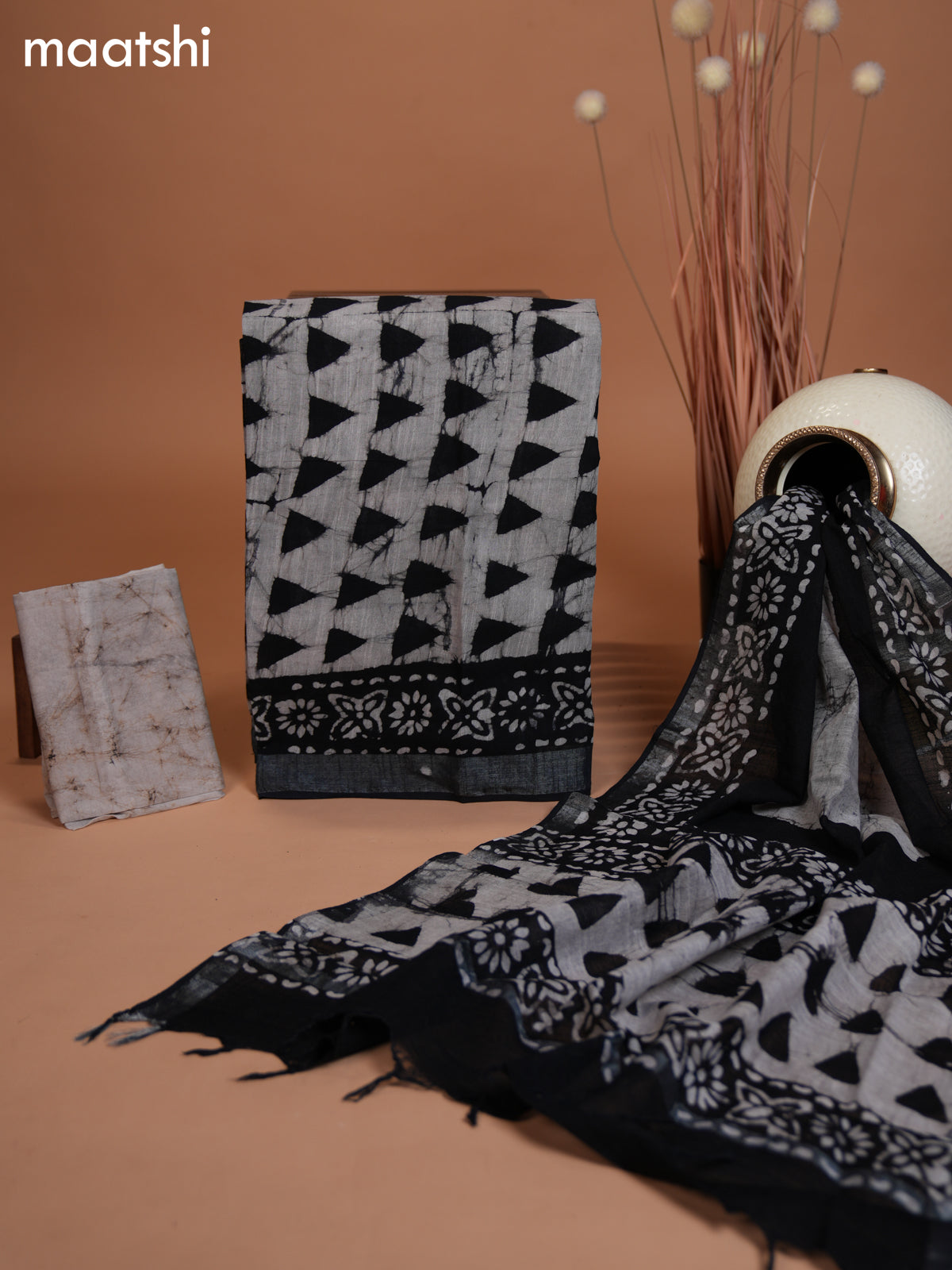 Linen cotton dress material black off white and beige with allover batik prints and bottom & dupatta