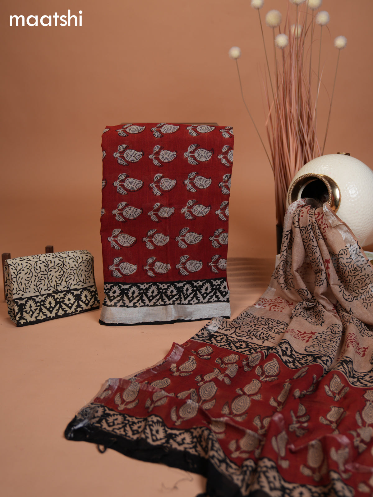 Linen cotton dress material maroon and beige with allover butta prints and bottom & dupatta