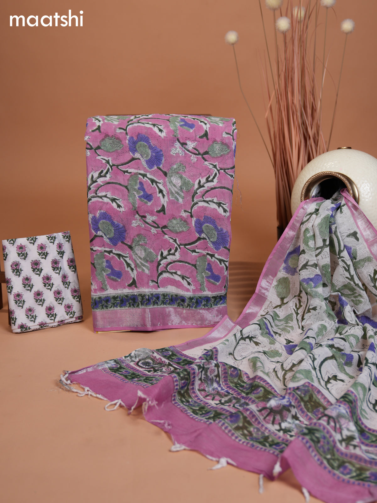 Linen cotton dress material lotus pink and off white with allover floral prints and bottom & dupatta