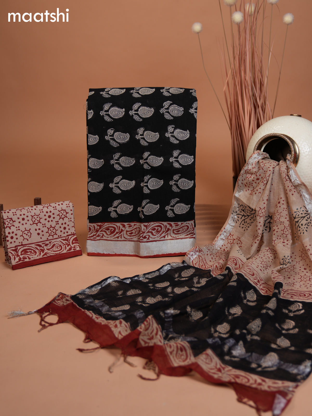 Linen cotton dress material black and sandal with allover paisley butta prints and bottom & dupatta