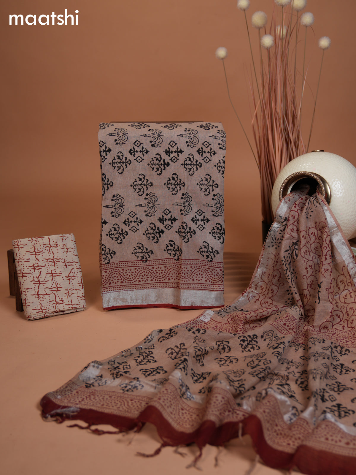 Linen cotton dress material pastel brown and beige with allover butta prints and bottom & dupatta