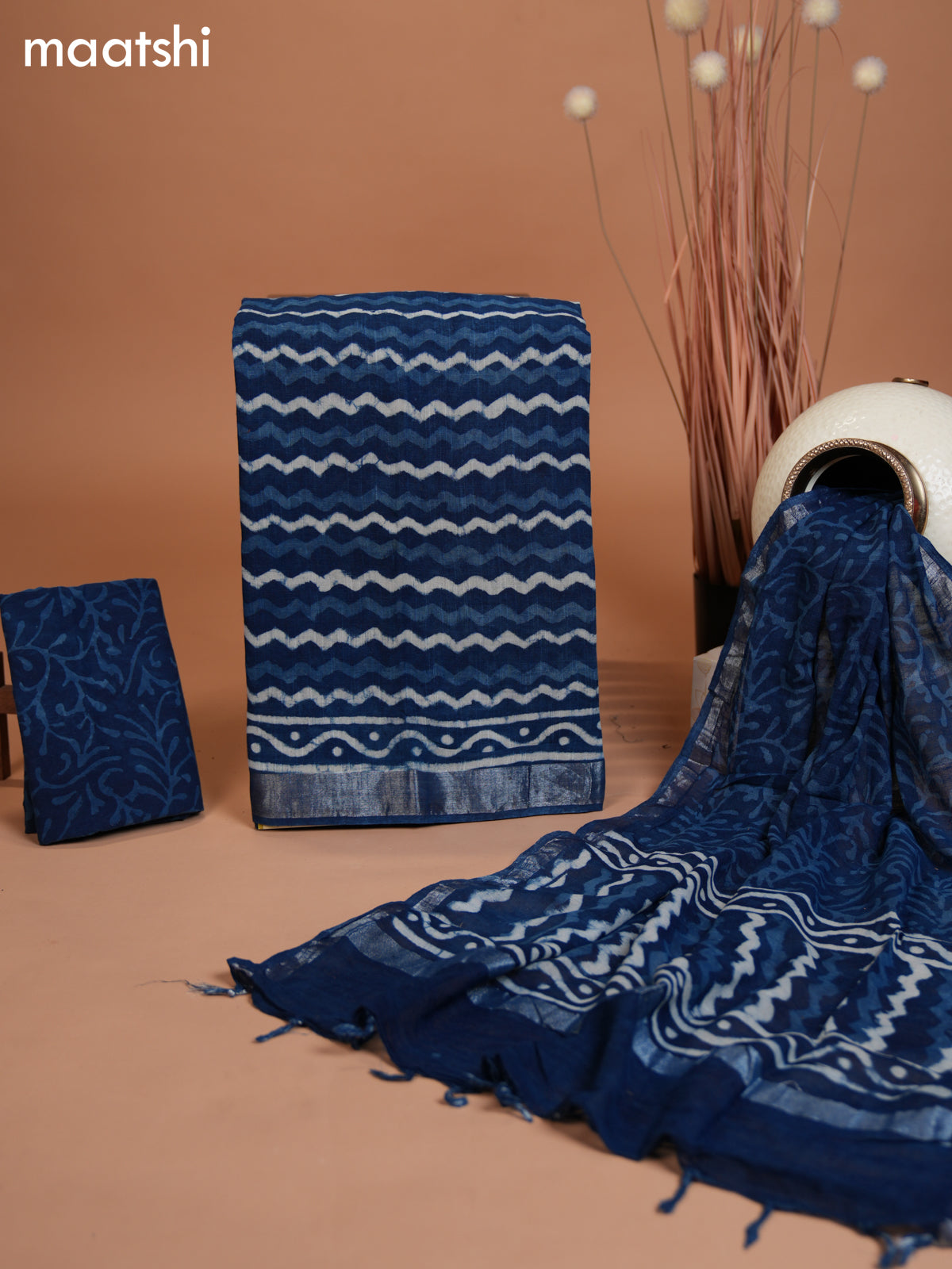 Linen cotton dress material indigo blue with allover zig zag prints and bottom & dupatta