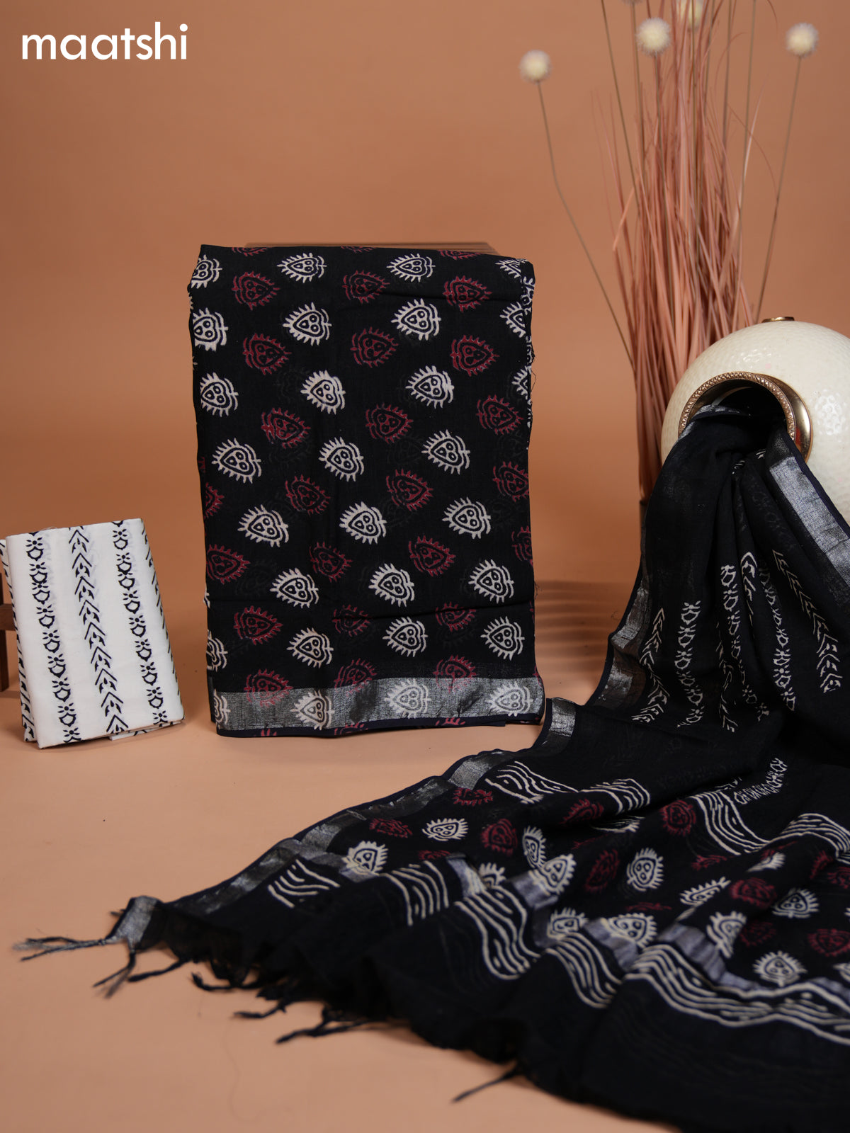 Linen cotton dress material black and off white with allover butta prints and bottom & dupatta