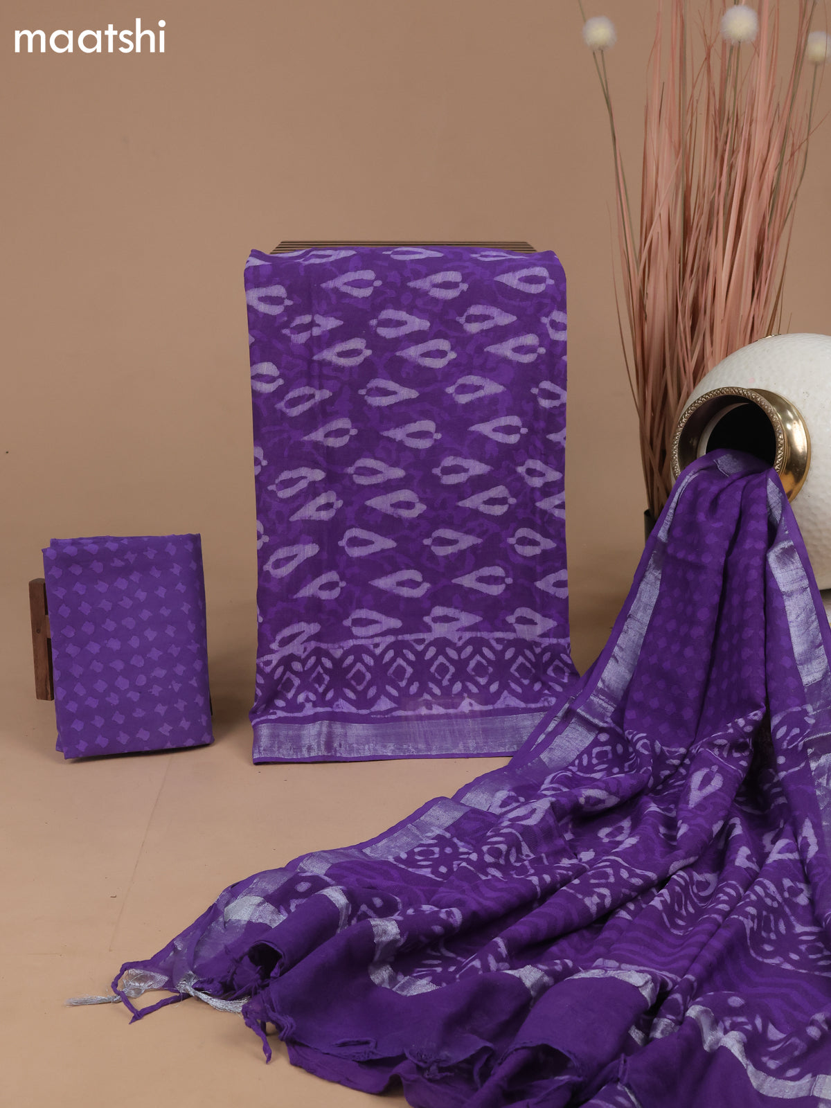 Linen cotton dress material violet shade with allover dabu prints and bottom & dupatta