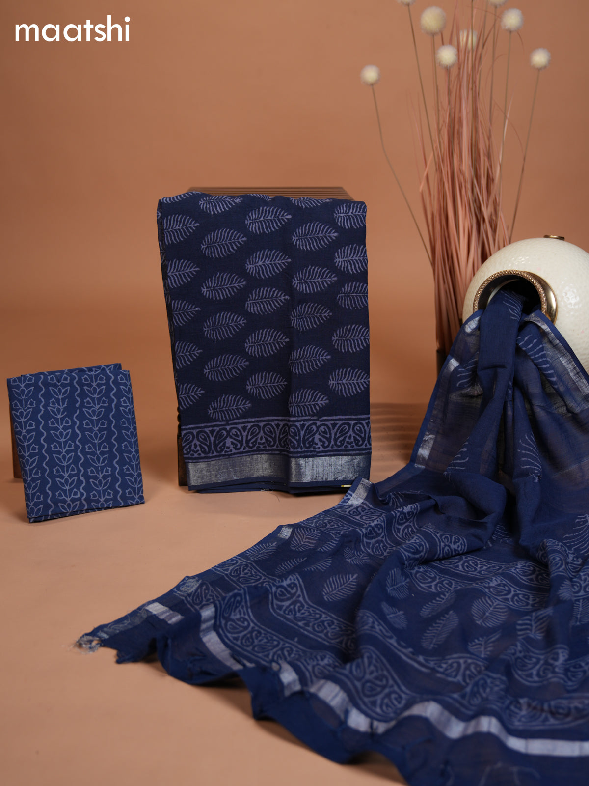 Linen cotton dress material navy blue with allover leaf butta prints and bottom & dupatta