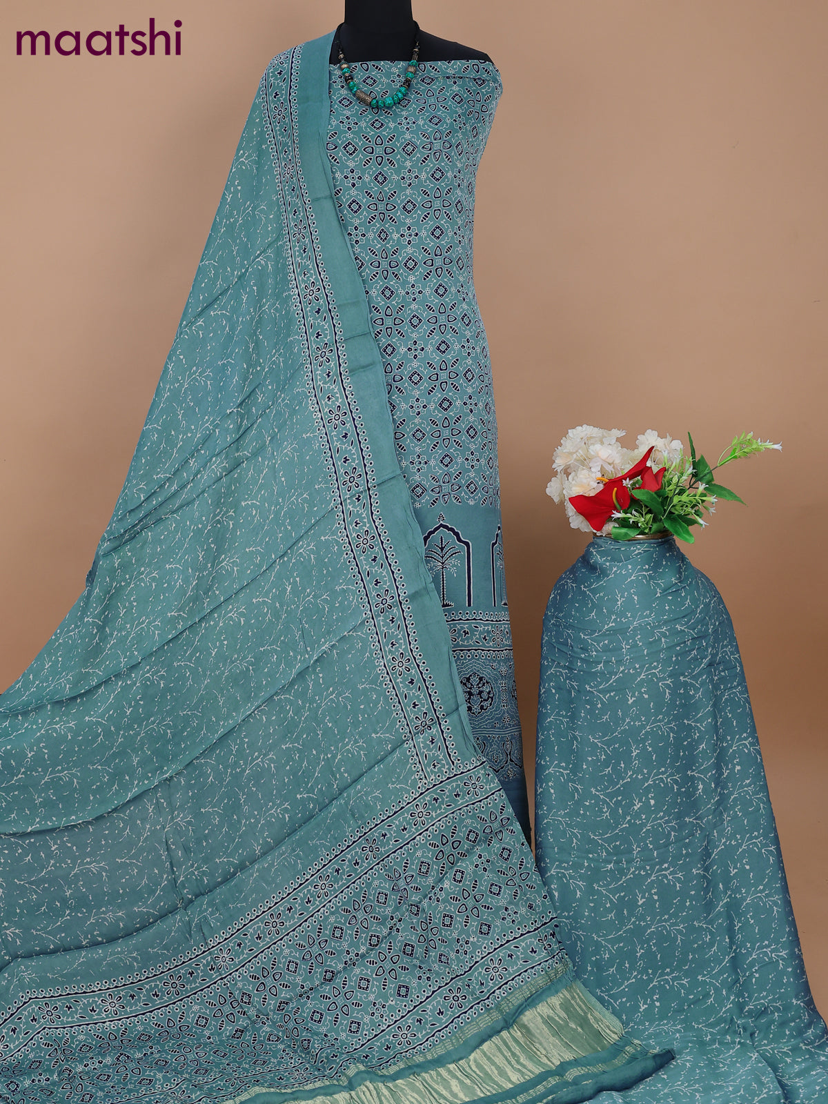 Modal silk dress material pastel blue with allover ajrakh prints and bottom & dupatta