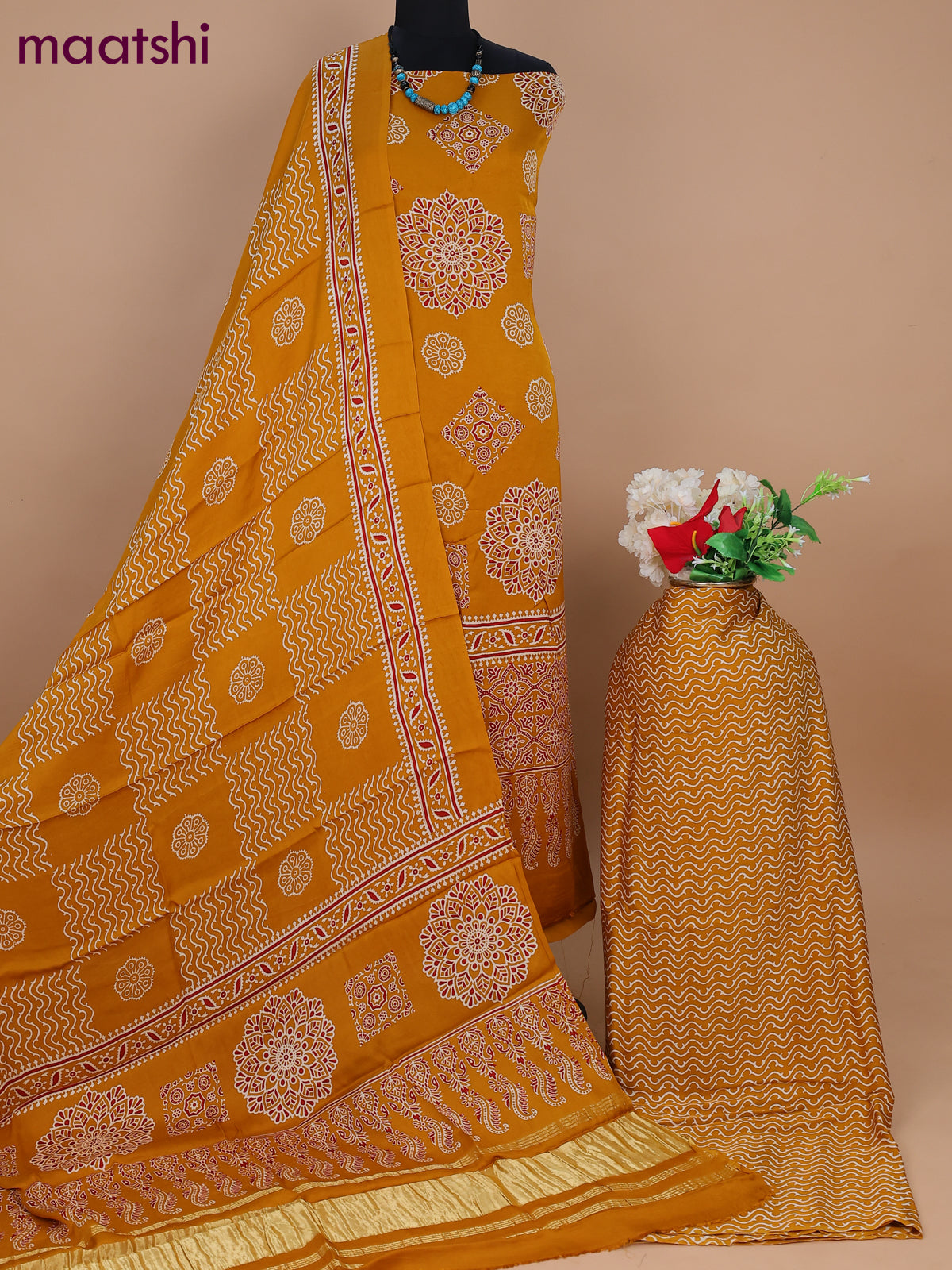Modal silk dress material mustard shade with allover ajrakh prints and bottom & dupatta