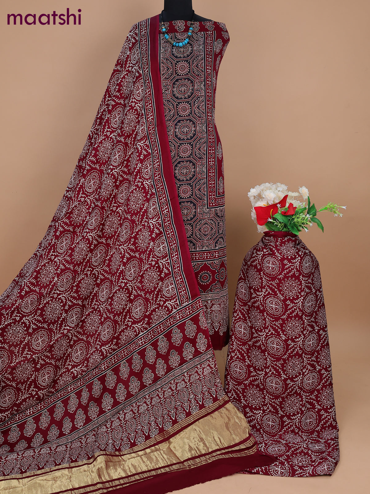 Modal silk dress material maroon with allover ajrakh prints and bottom & dupatta