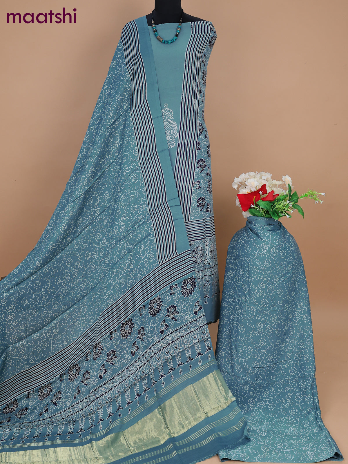 Modal silk dress material pastel blue with allover ajrakh prints and bottom & dupatta