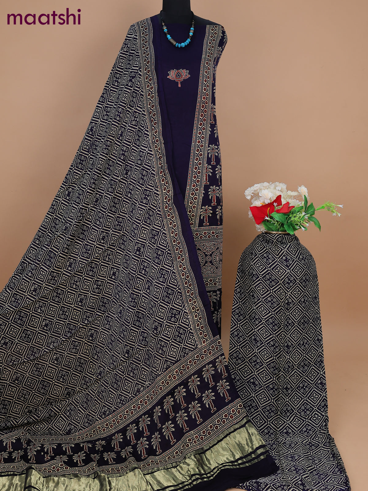 Modal silk dress material deep navy blue with allover ajrakh prints and bottom & dupatta