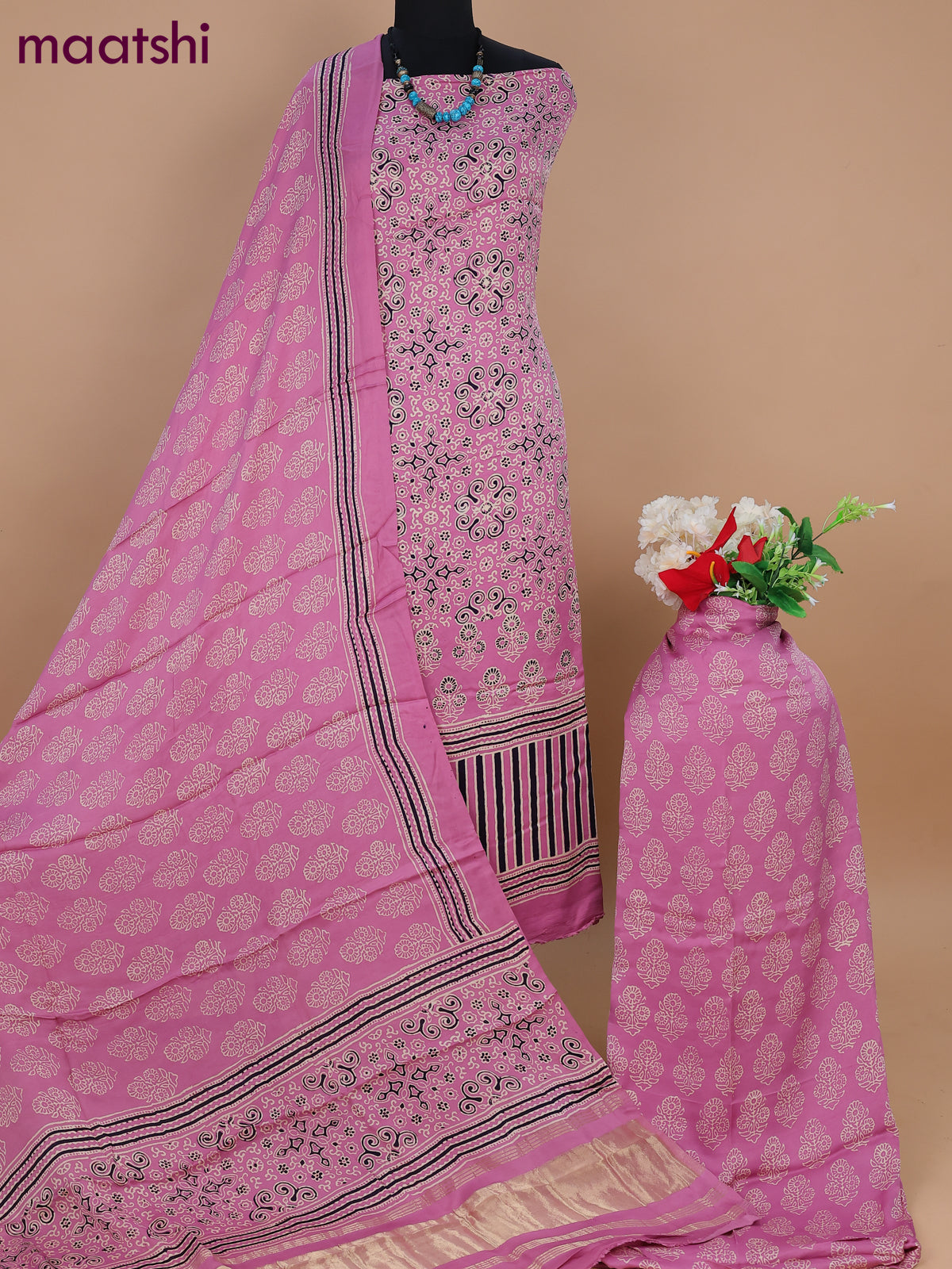 Modal silk dress material pastel pink with allover ajrakh prints and bottom & dupatta