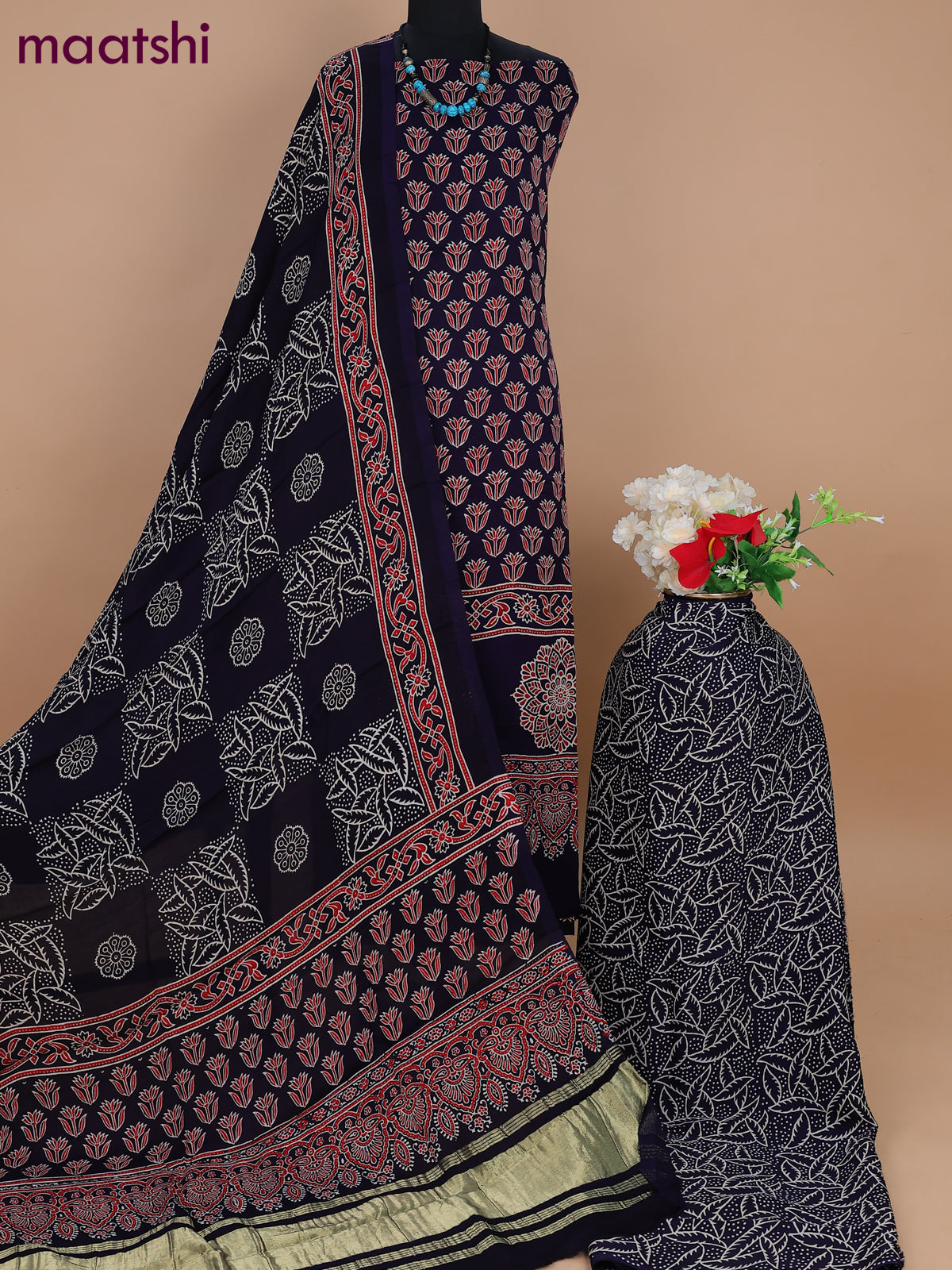Modal silk dress material deep navy blue with allover ajrakh prints and bottom & dupatta