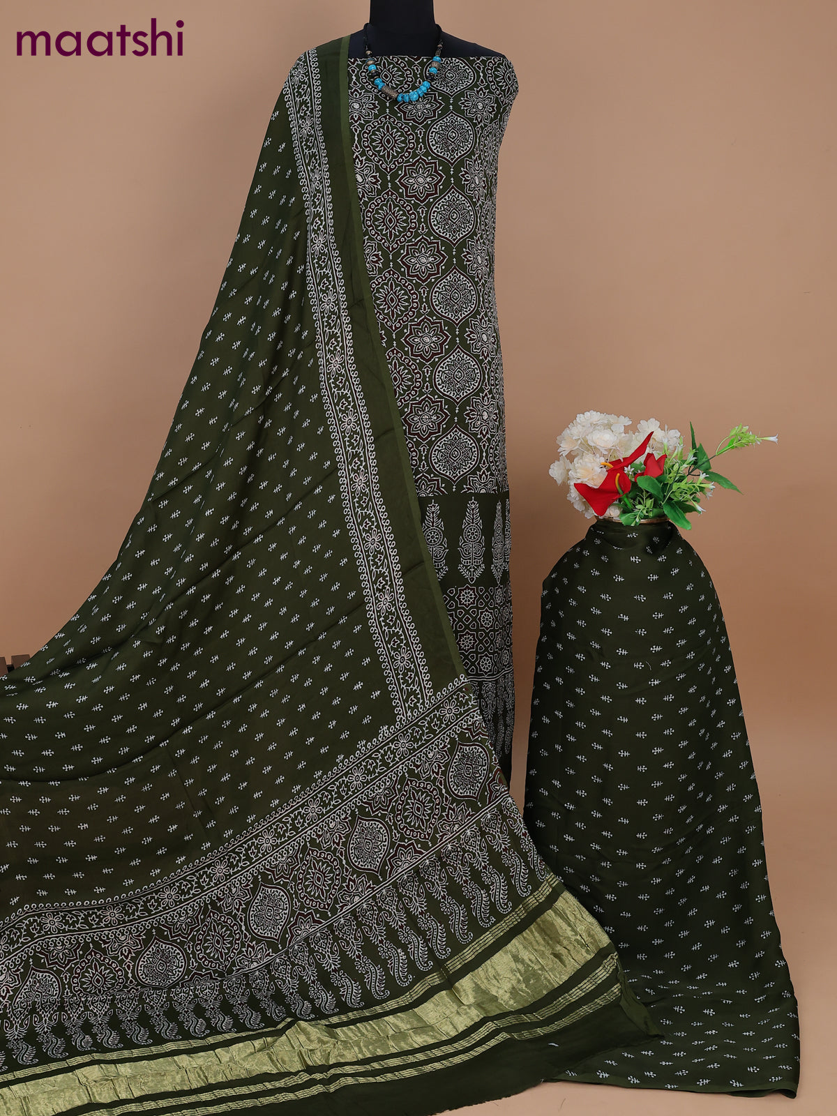 Modal silk dress material sap green with allover ajrakh prints and bottom & dupatta