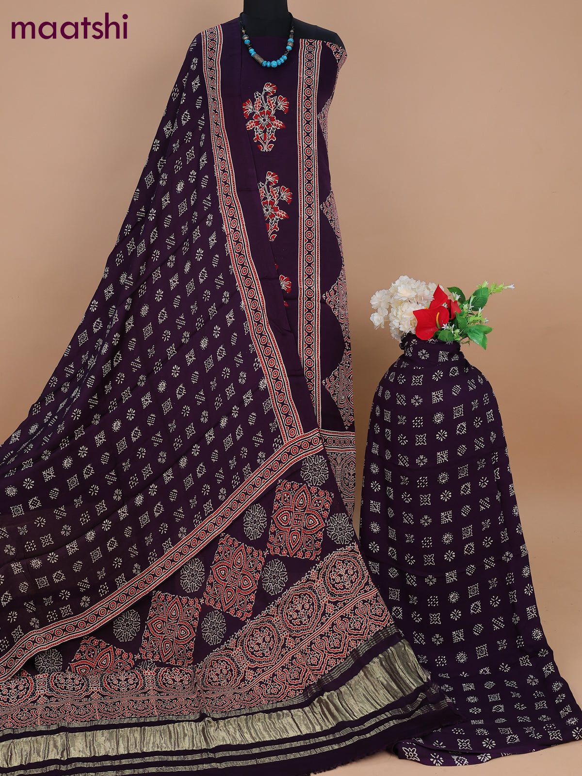 Modal silk dress material deep wine shade with allover ajrakh prints and bottom & dupatta
