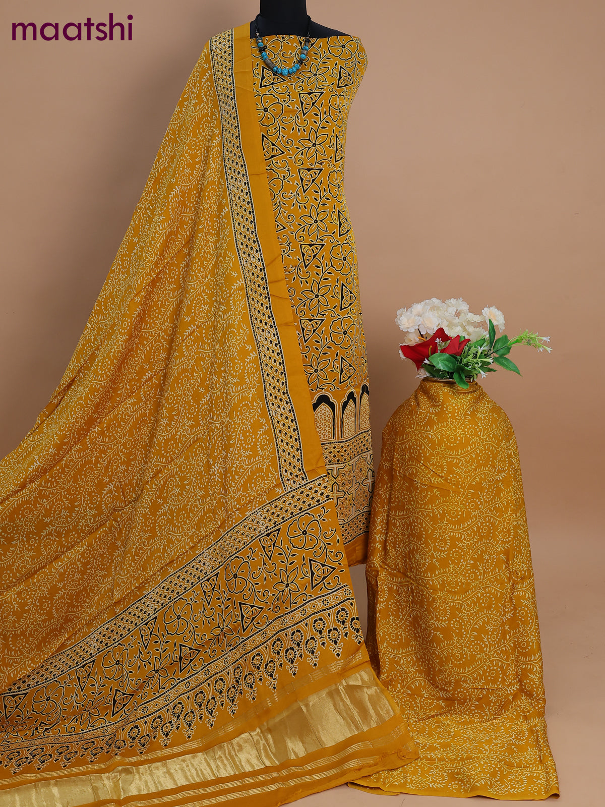 Modal silk dress material mustard yellow with allover ajrakh prints and bottom & dupatta
