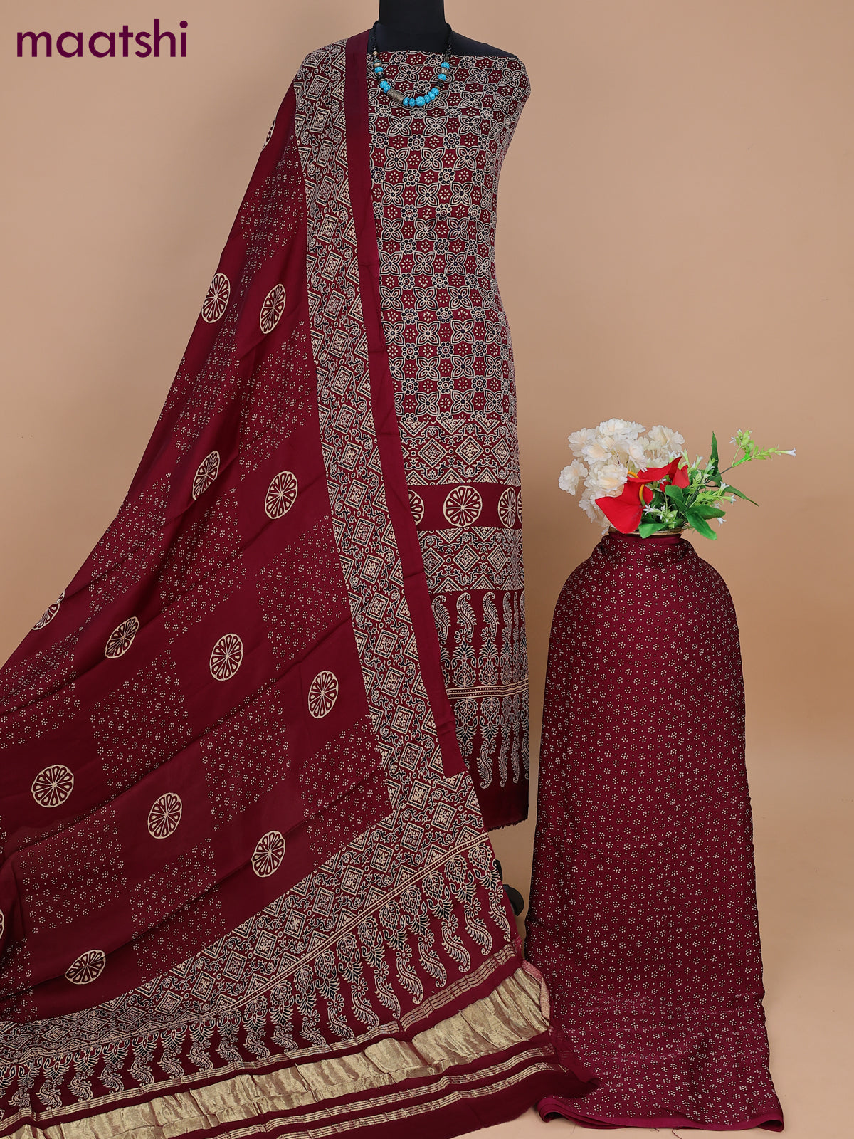 Modal silk dress material deep maroon with allover ajrakh prints and bottom & dupatta