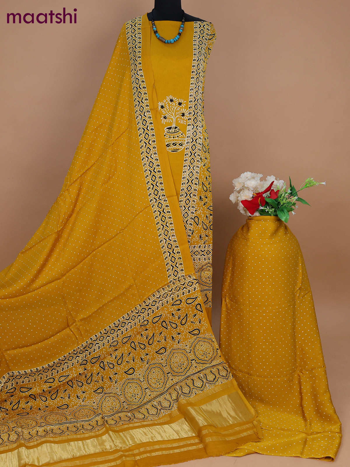 Modal silk dress material mustard yellow with allover ajrakh prints and bottom & dupatta