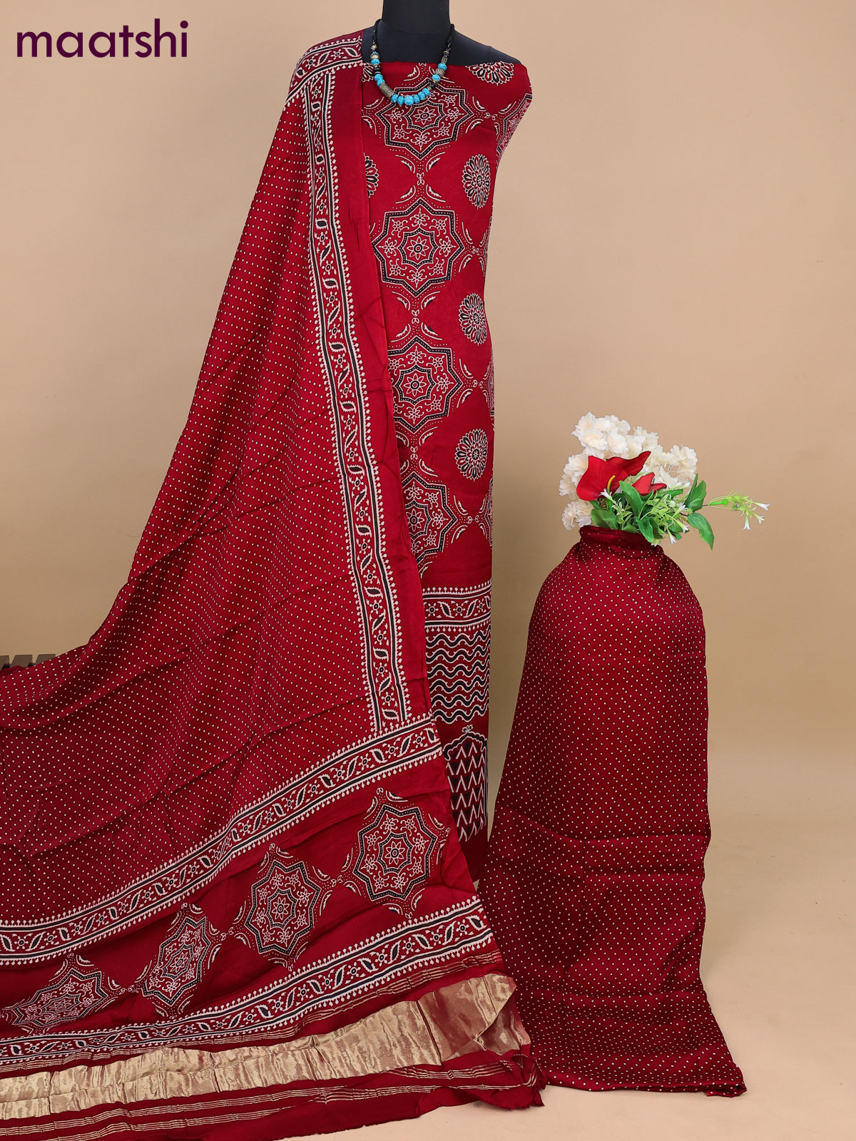 Modal silk dress material red with allover ajrakh prints and bottom & dupatta
