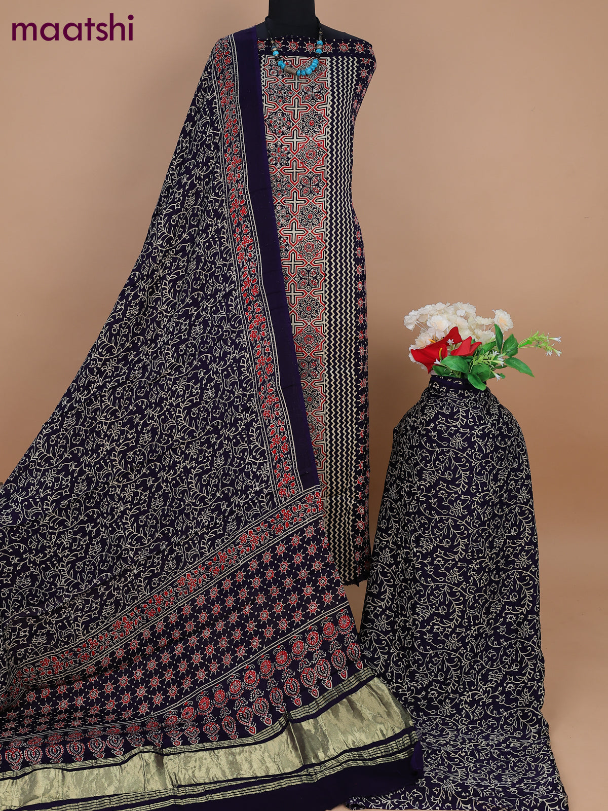 Modal silk dress material deep navy blue with allover ajrakh prints and bottom & dupatta