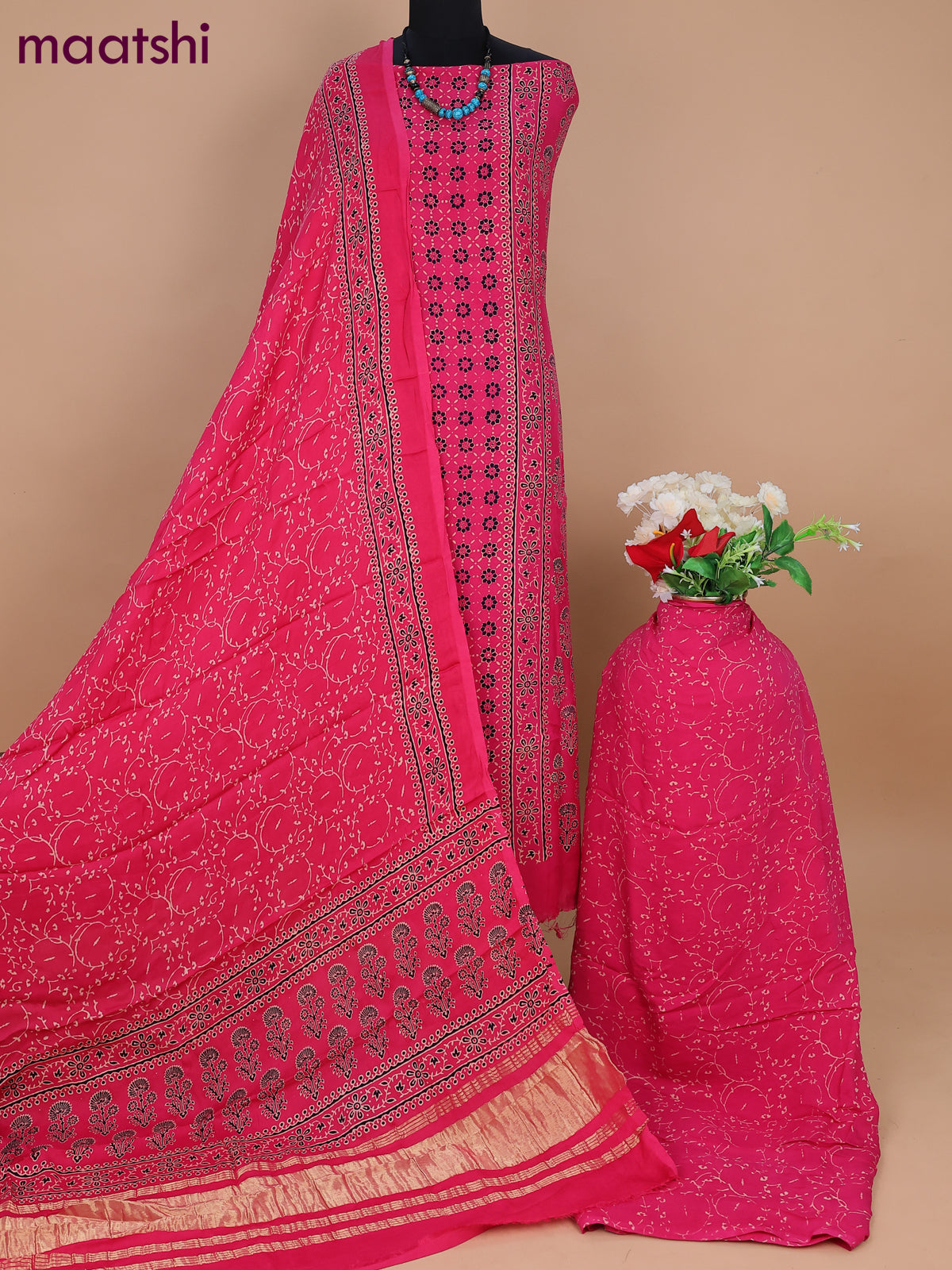 Modal silk dress material pink with allover ajrakh prints and bottom & dupatta