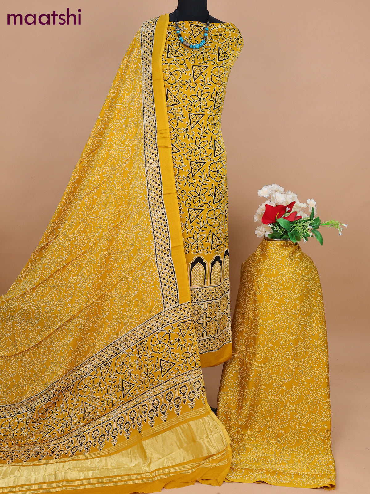 Modal silk dress material mustard yellow with allover ajrakh prints and bottom & dupatta