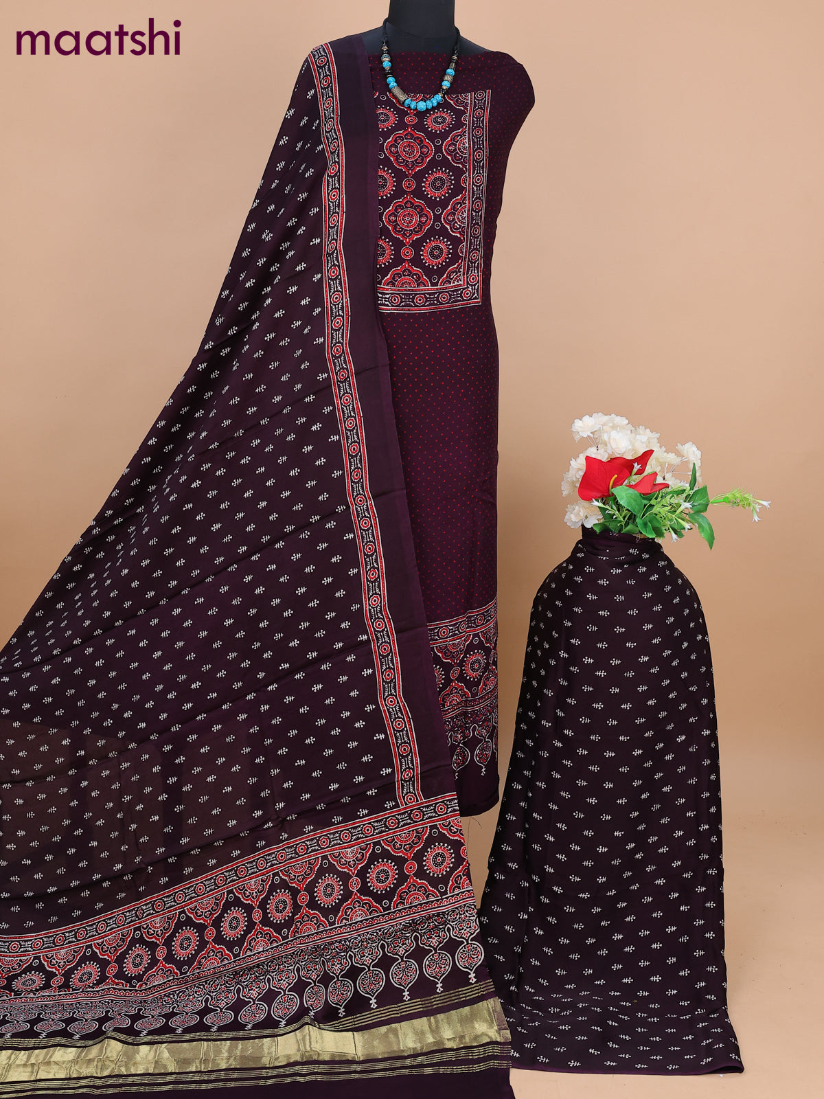 Modal silk dress material deep wine shade with allover ajrakh prints and bottom & dupatta