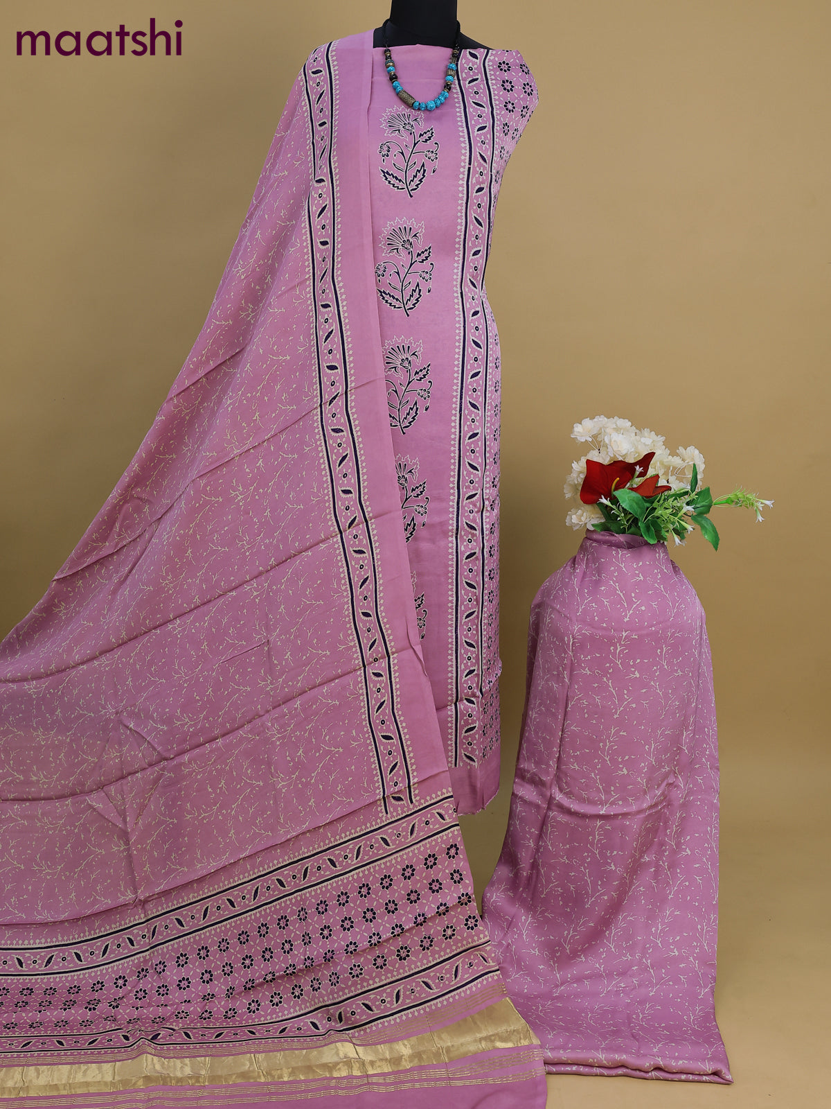 Modal silk dress material pastel pink with allover ajrakh prints and bottom & dupatta
